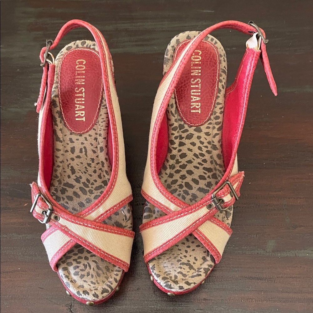 Colin Stuart Red and Cream Slingback wooden wedge Sandals Size 6.5